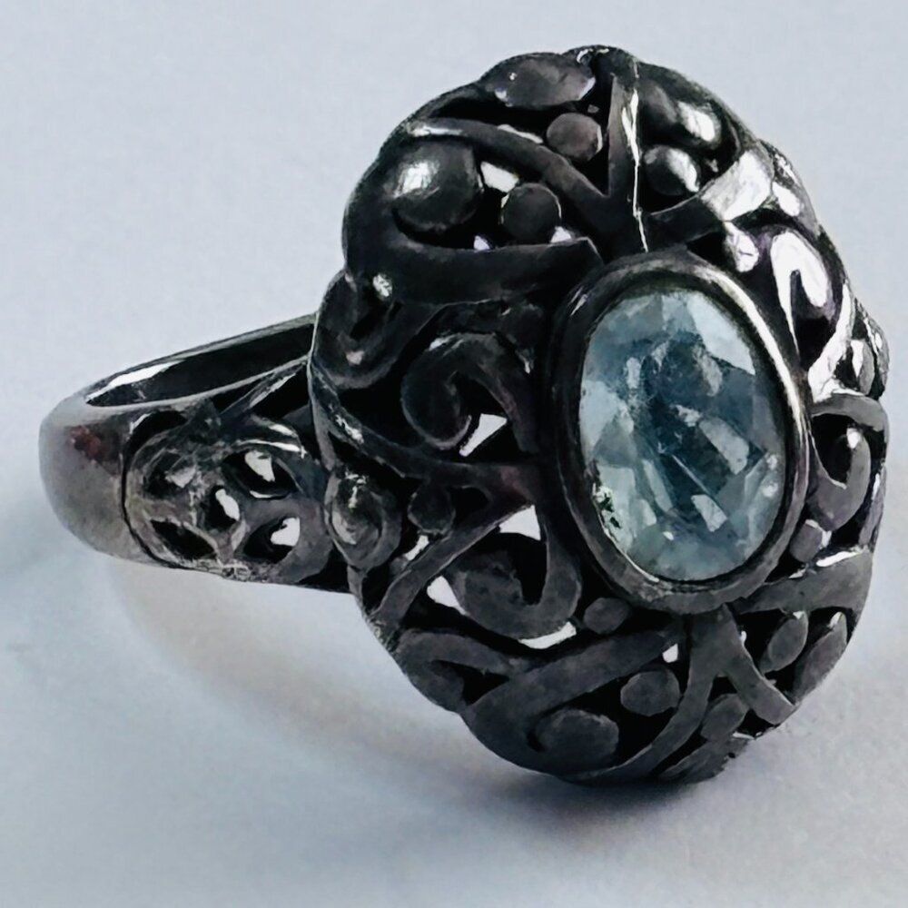 Vintage Signed 925 Sterling Silver Filigree Blue Stone Ring Size 9